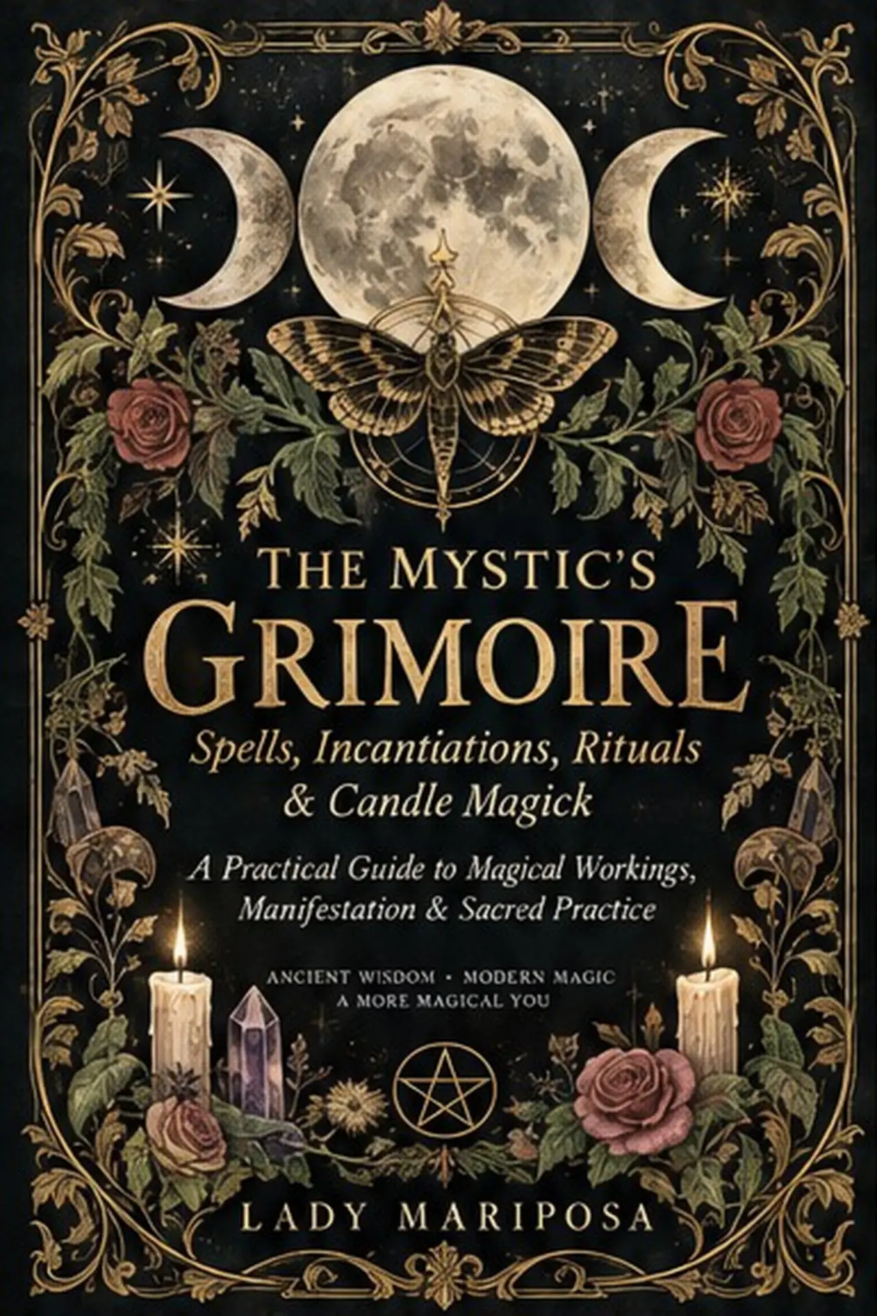 The Mystic’s Grimoire ebook cover — moth, triple moon and candle artwork