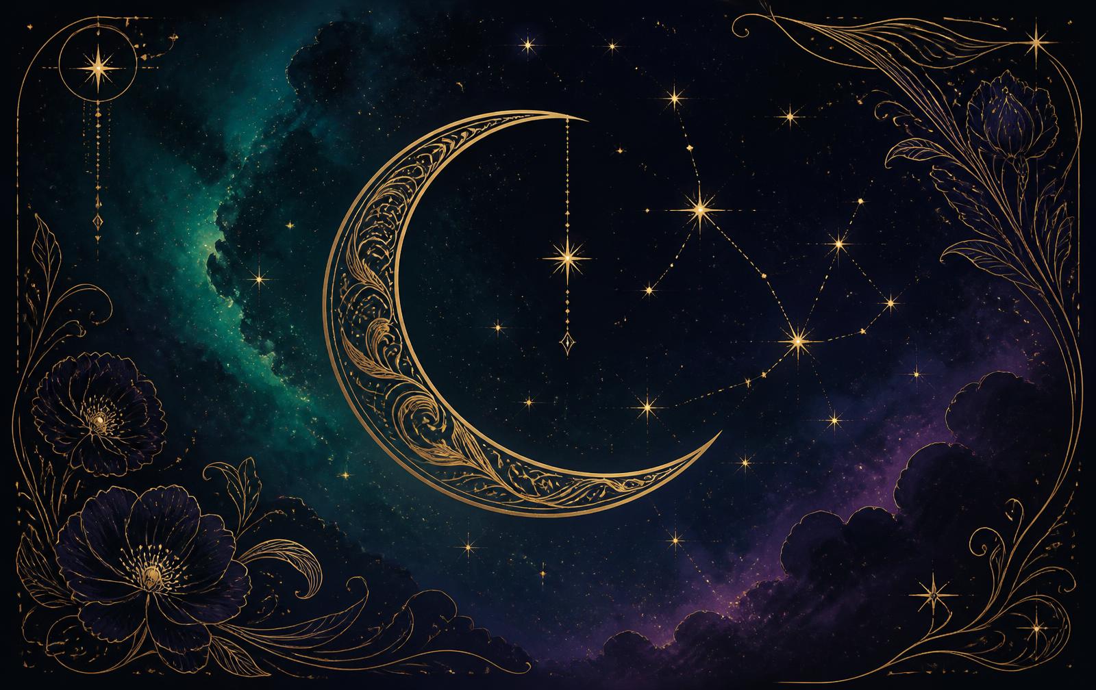 Gold crescent moon and constellations over a midnight sky